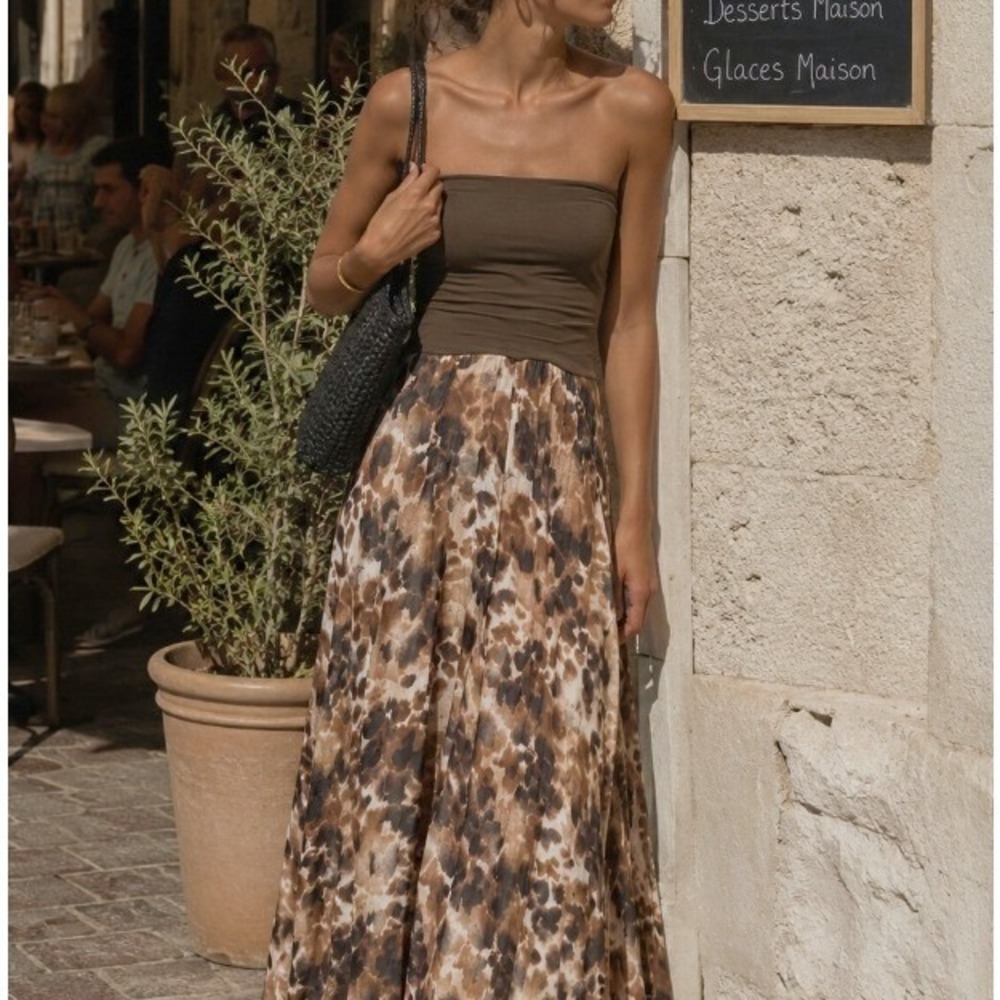 Y2K Strapless Maxi Dress Animal Print Empire Waist XS Brown Leopard Euro Summer